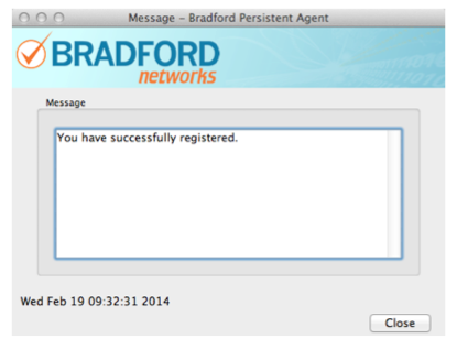 Bradford Control panel with successful registration confirmation